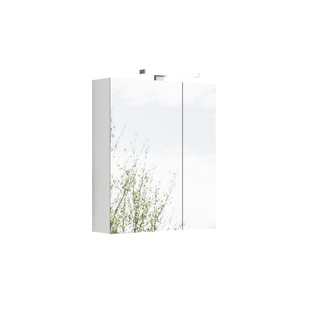 Mobile con specchio con 2 ante asimmetriche; ripiani in vetro regolabili; LED e presa integrata per bagno; bianco
