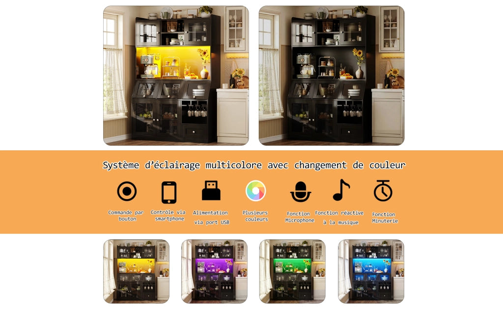 Credenza alta da cucina con LED, porta in vetro e ripiani regolabili, USB, in MDF nero, 120 × 40 × 181.7 cm