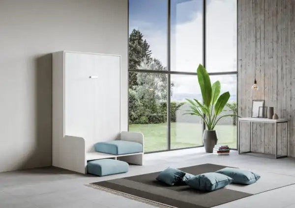 Letto matrimoniale francese a scomparsa 140 Kentaro con divano bianco frassino, azzurro