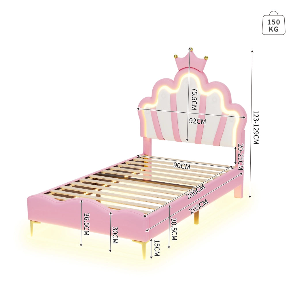 OKWISH Letto Bambini 90×200 cm, Letto Singolo con Corona, LED Regolabile e Testiera Imbottita, senza Materasso, PU, Rosa
