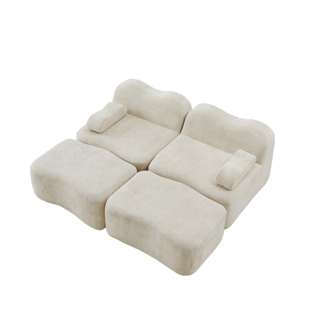 Divano modulare senza struttura con 2 pouf e seduta profonda in velluto beige antiscivolo per soggiorno