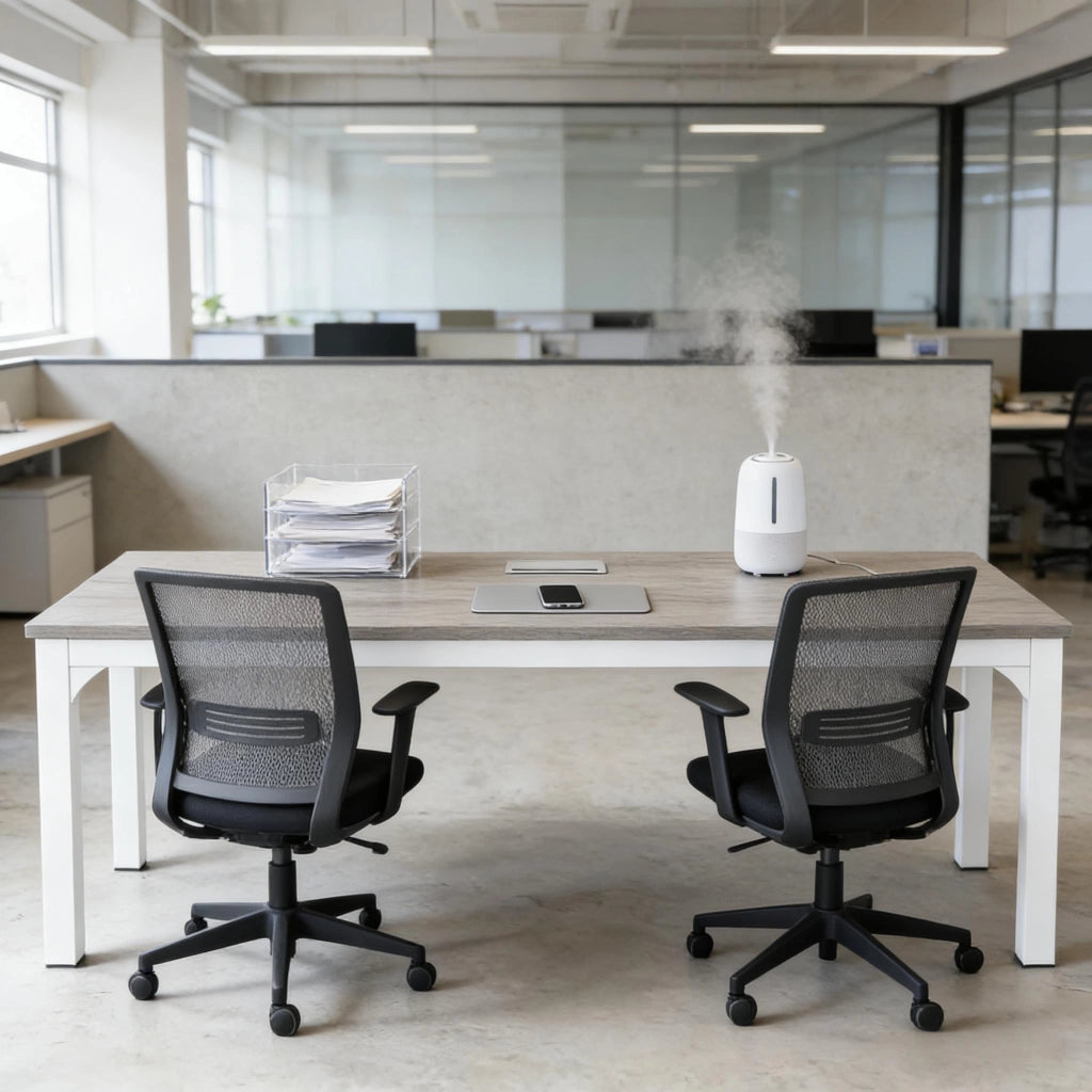 Scrivania lineare per 2 persone con ampia superficie, stile industriale, in legno e metallo, taupe e bianco, 200 × 70 × 75 cm