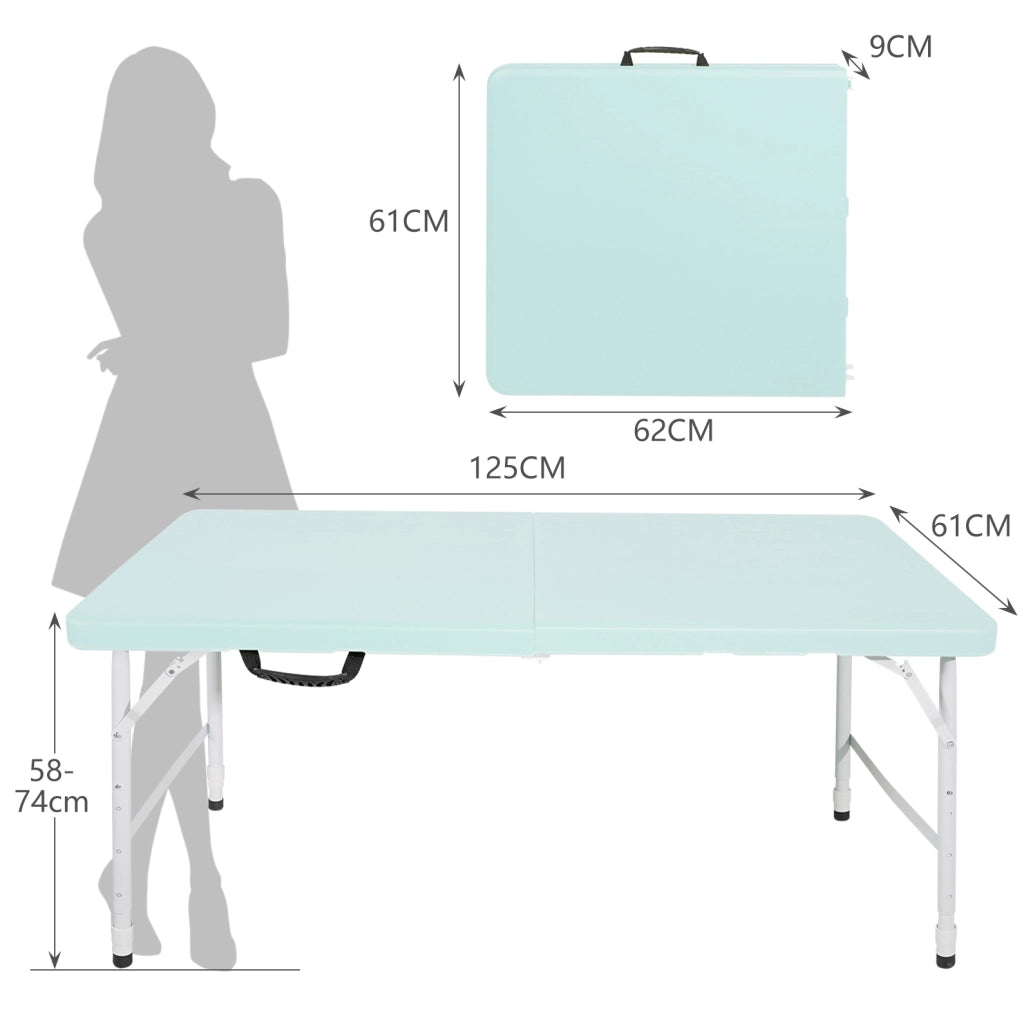 Tavolo pieghevole 125x61 cm blu in plastica e ferro; altezza regolabile
