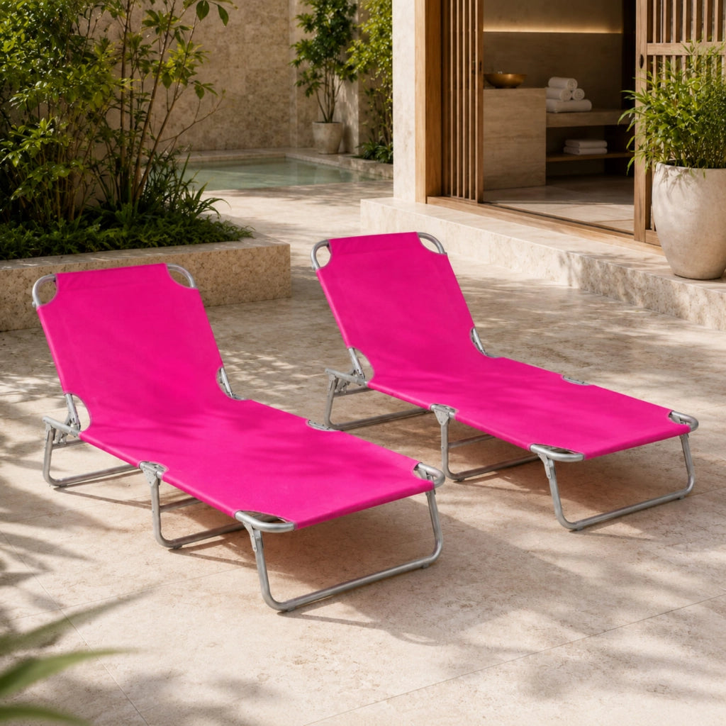 Coppia Di Sedie Sdraio Pieghevoli Prendisole Schienale Regolabile Reclinabile Struttura In Metallo Per Spiaggia Giardino Mare Piscina Senza Tettuccio 187 x 53 x 24 Cm Rosa