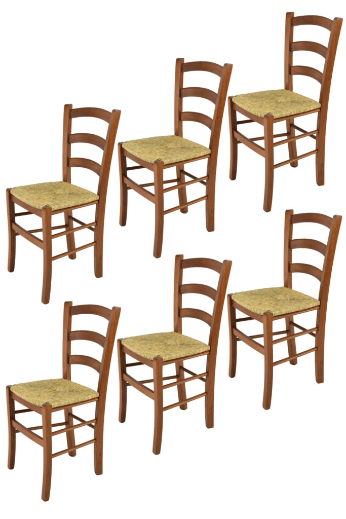 Set 6 Sedie Venice Tommychairs, robusta struttura in legno di faggio verniciata in noce chiaro e seduta in paglia