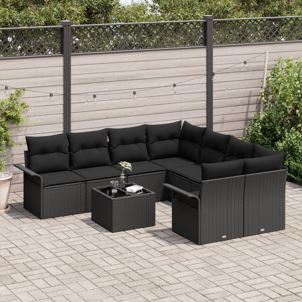 Set di divani da giardino a 9 pezzi con cuscini neri in polyrattan