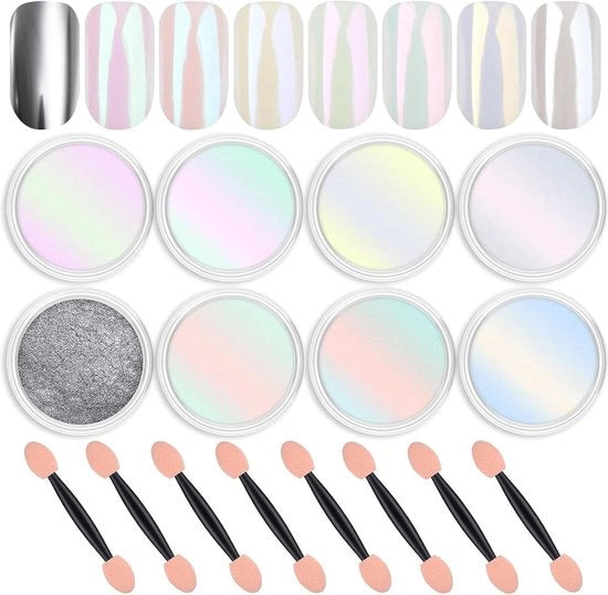 Kit di Pearl Bianco - Polvere per unghie a specchio - 8 Effetto specchio - Argento metallizzato - Polvere per unghie a effetto hologramma - Decorazioni per unghie e accessori per unghie