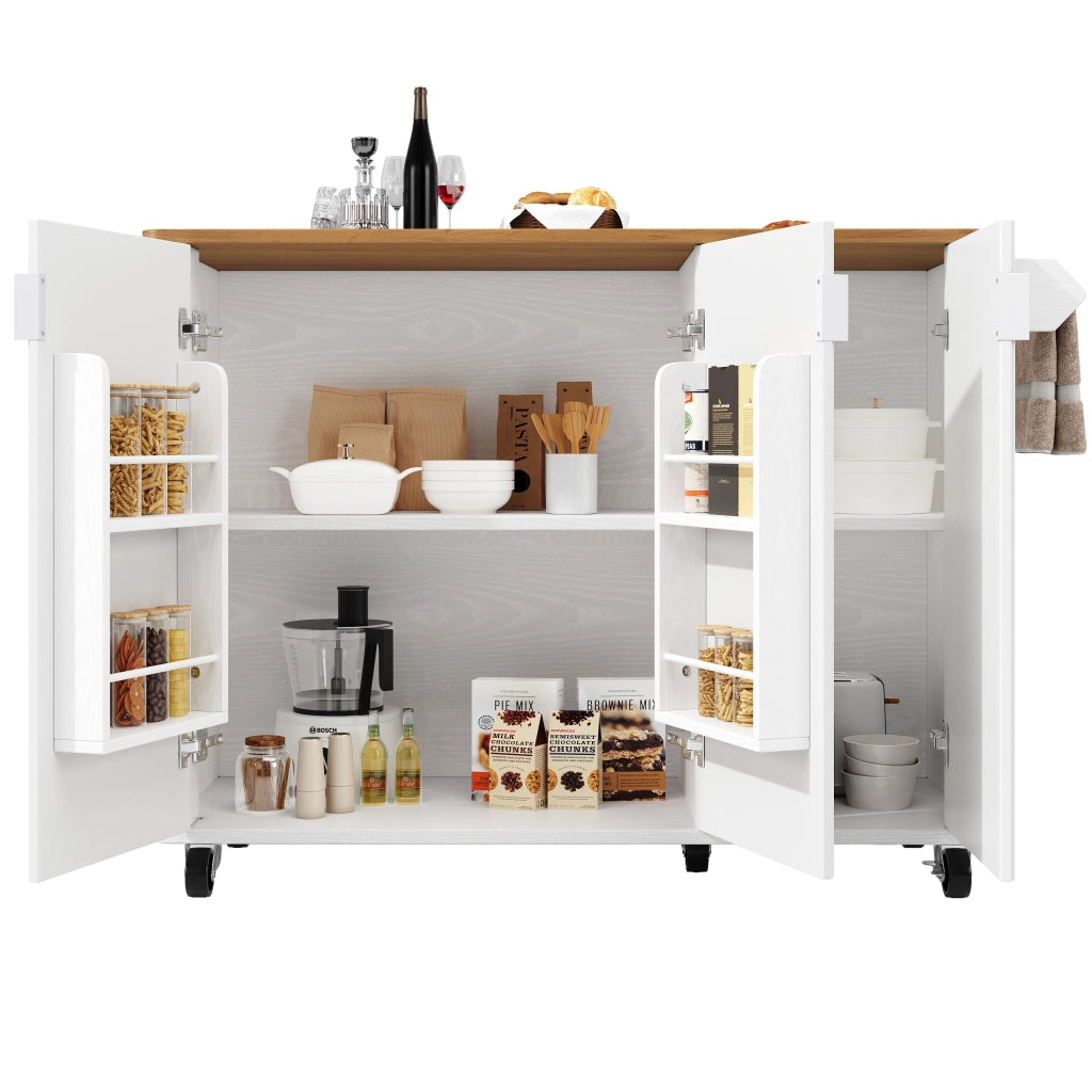 Isola da cucina con 3 ante; ripiani regolabili e ruote - per cucina - in MDF - 130×45(75)×92 cm - bianco