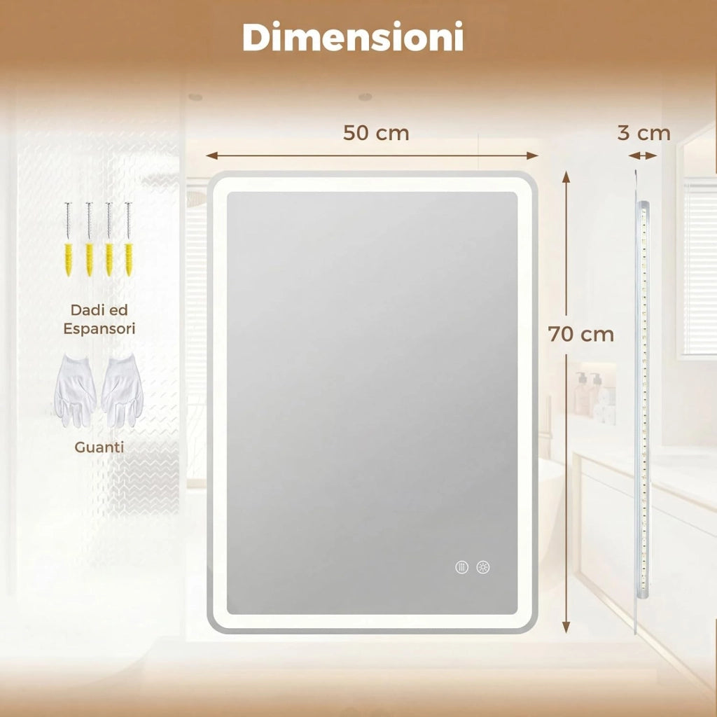 Specchio da Bagno LED 70 x 50 cm, Vetro Temperato Antiesplosione, Specchio da Parete Retroilluminato Dimmerabile con 3 Colori di Illuminazione e Anti-Appannamento (70 x 50 x 3 cm)