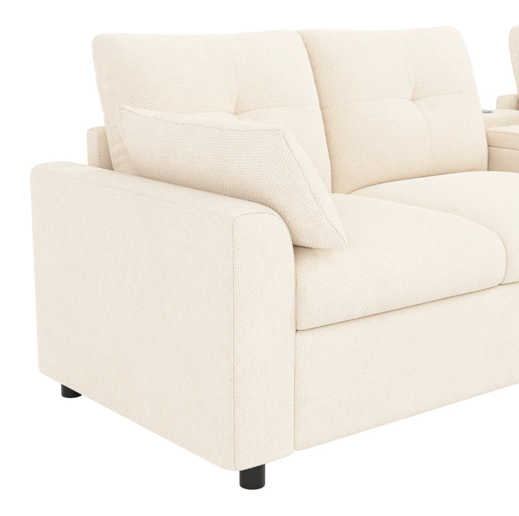 Divano angolare modulare con 2 pouf contenitore e console USB Type-C 316x140x84;5 cm ciniglia beige