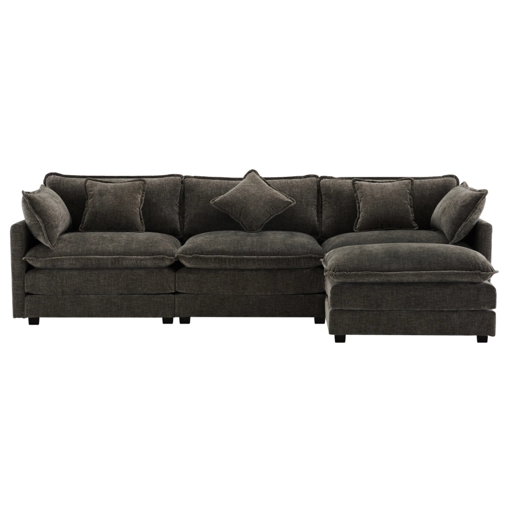 Divano angolare ULEVR 3 posti con pouf mobile, chaise longue configurabile e cuscini, ciniglia grigio scuro