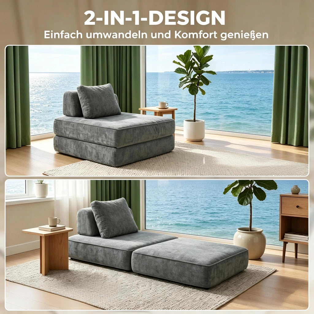 Poltrona letto convertibile 1 posto con cuscino e supporto trapezoidale in chenille grigio 97 × 97 × 70 cm