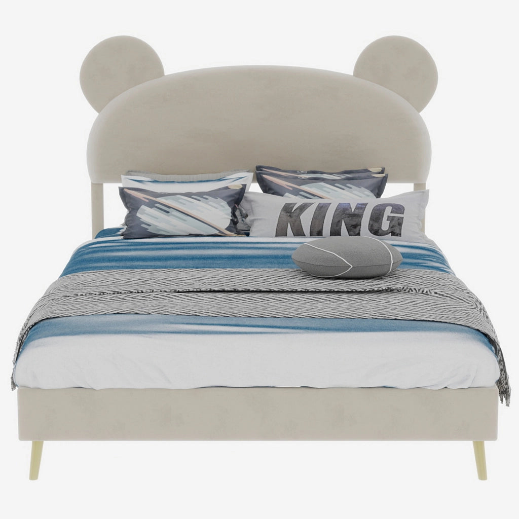 Letto per Bambini Singolo 140x200 cm; con Testiera Imbottita in Tessuto e Metallo; Beige