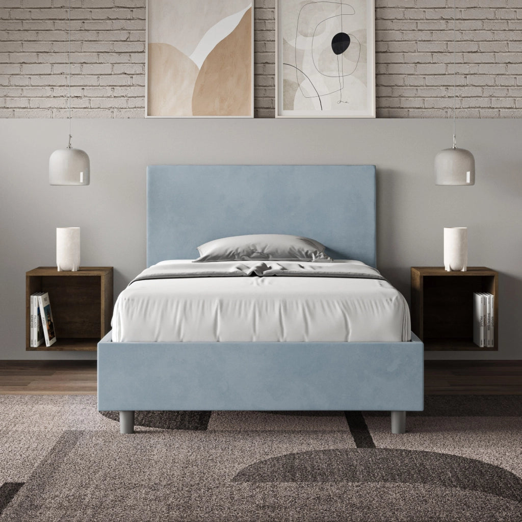 BS COM Letto una piazza e mezza con rete imbottito 110x200 microfibra azzurro