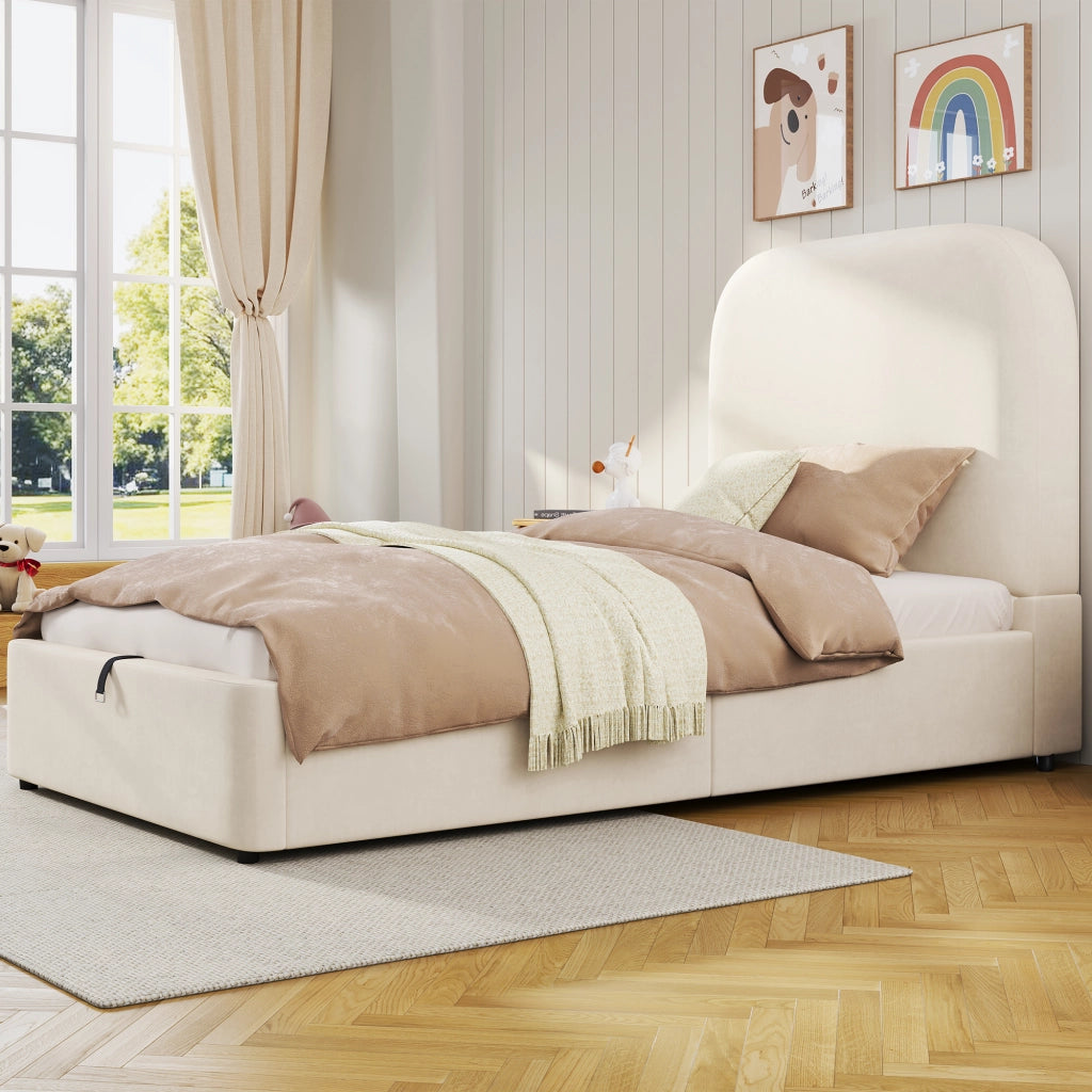 Letto singolo imbottito per bambini 90x200 cm con contenitore idraulico, rete a doghe inclusa, velluto beige