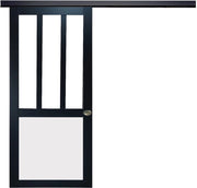 Porta Scorrevole Workshop Nera e Pannelli Vitree bianchi H204 x L83 + Binario in Alluminio Fascia Nera e 2 Gusci