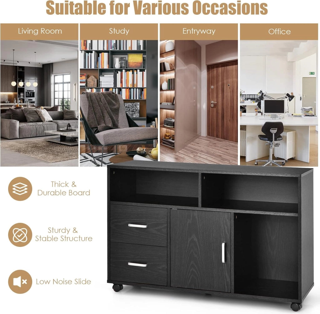 Armadio per documenti su rotelle, contenitore con cassetti, supporto per stampante portatile per casa e ufficio, per raccoglitori, documenti, documenti (nero, 100 x 35 x 65,5 cm)