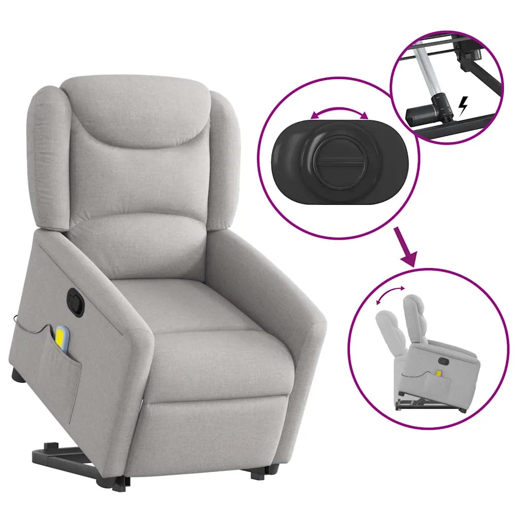 vidaXL Poltrona Alzapersona Massaggi Reclinabile Grigio Nuvola Tessuto