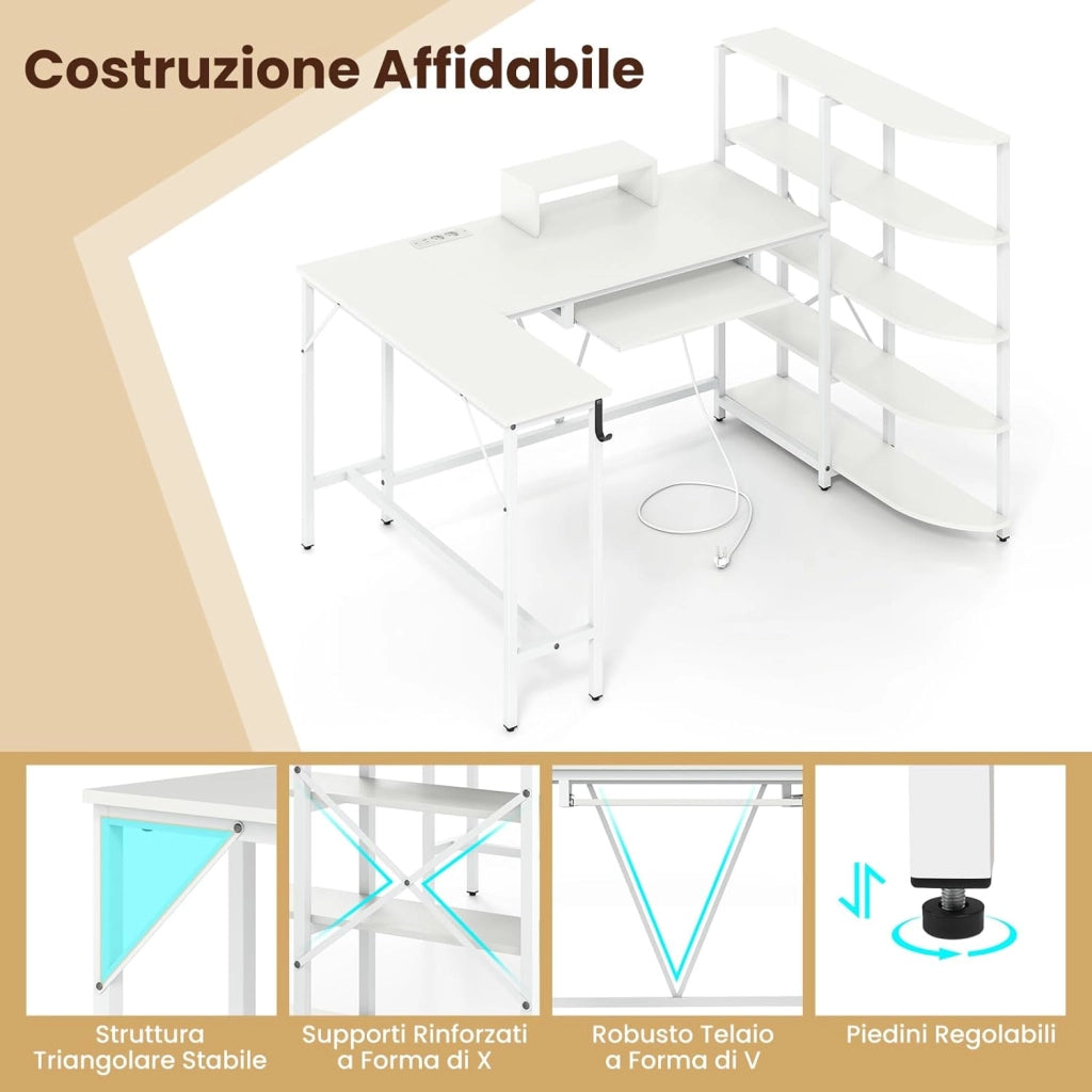 Scrivania Angolare a Forma di L, Scrivania ad Angolo Salvaspazio con Stazione di Ricarica, Scaffale, Supporto per Monitor, Gancio per Cuffie e Vassoio per Tastiera 160x108x10cm (Bianco)