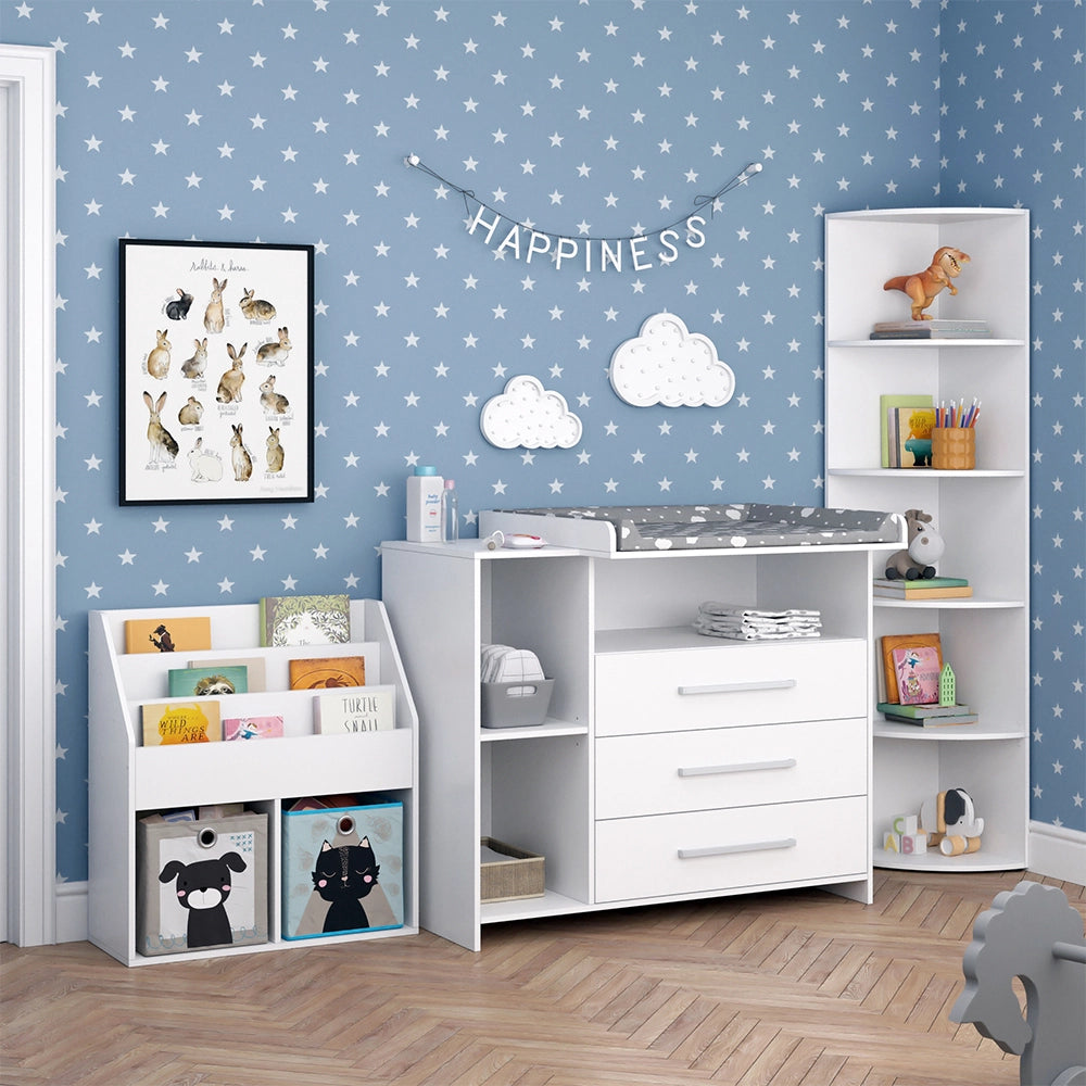 Vicco Set di mobili per bambini Bianco 3 parti, con fasciatoio, scaffale per giocattoli e libreria