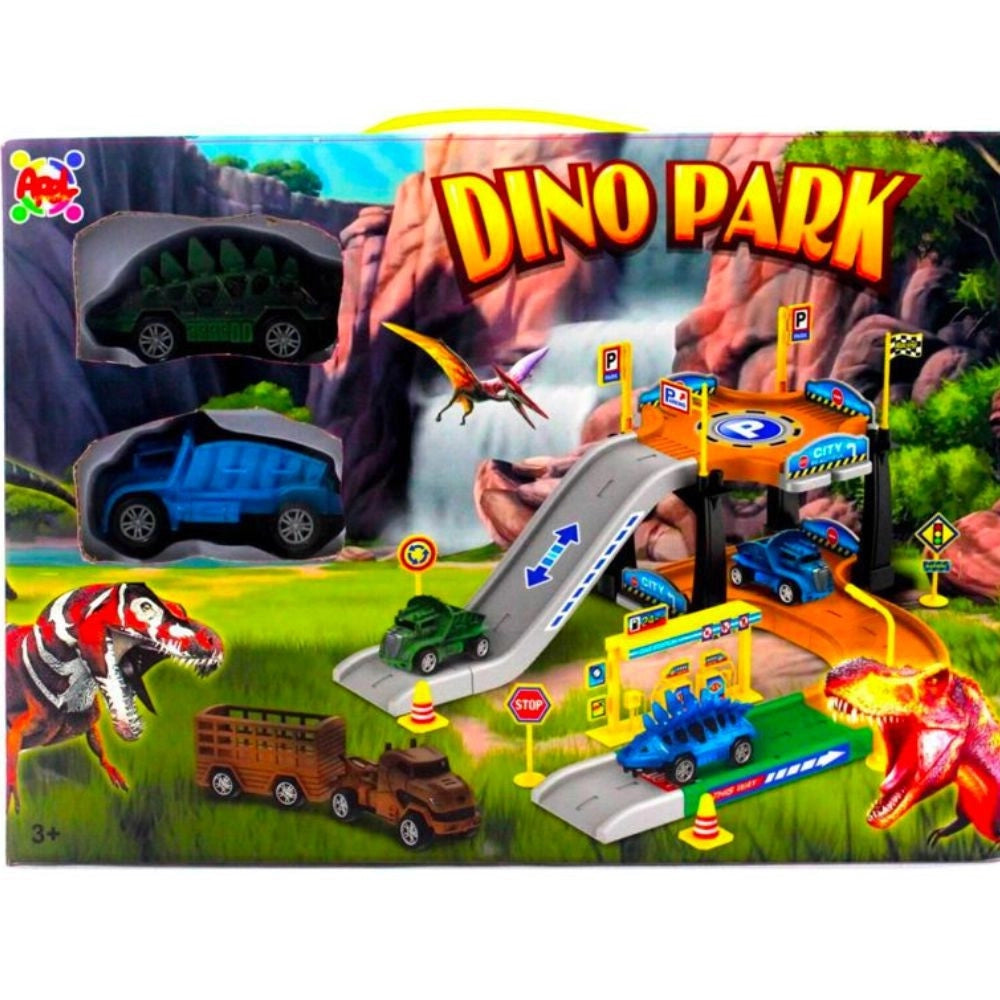 Trade Shop - Dino Park Parcheggio Tema Mondo Dei Dinosauri Con Accessori E Due Macchinine -