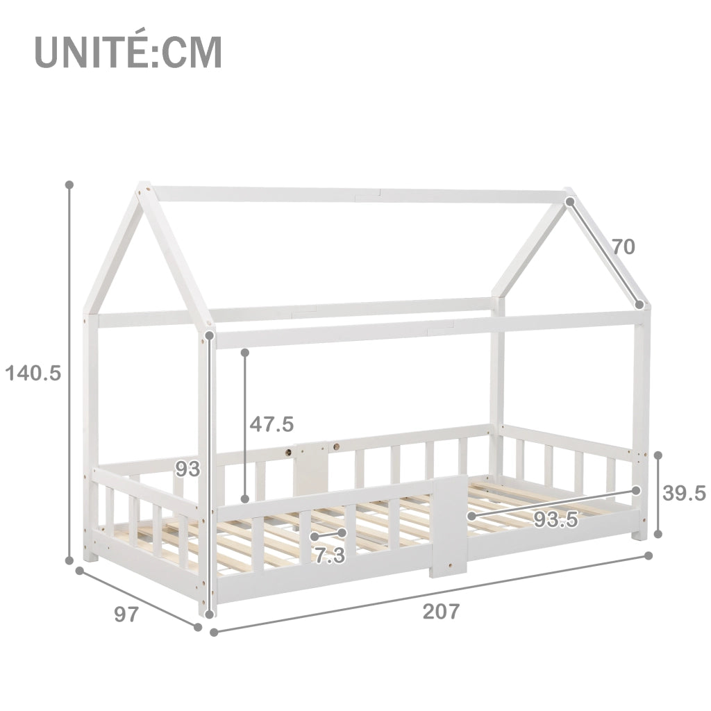OKWISH Letto a Casetta 90×200 cm, Letto Singolo con Sponde di Sicurezza, Lavagna e 15 Doghe, senza Materasso, Bianco