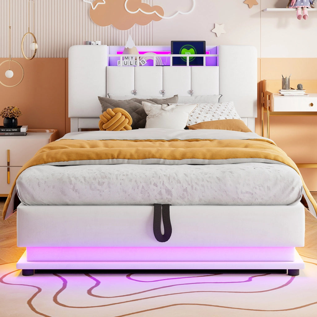 Letto imbottito per bambini 90x200 cm con LED, USB e vano contenitore beige