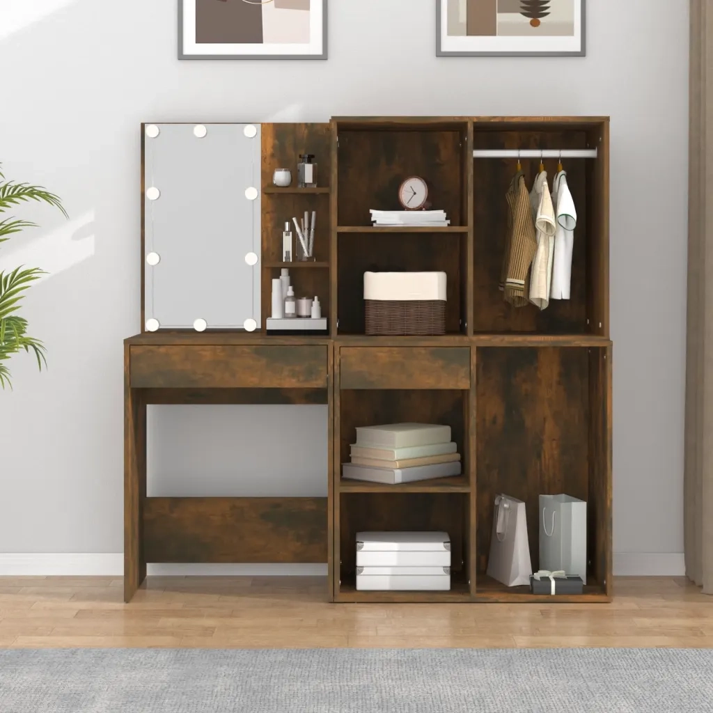 Toeletta con LED e Armadietti Rovere Fumo in Legno Multistrato 3120188