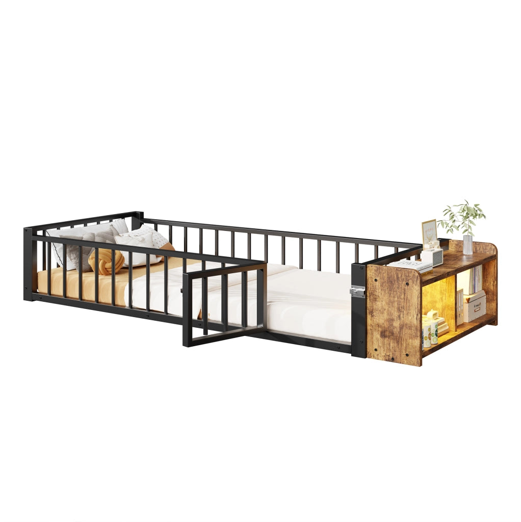 Letto 90x200 cm con sponda; vano portaoggetti e LED in metallo e MDF