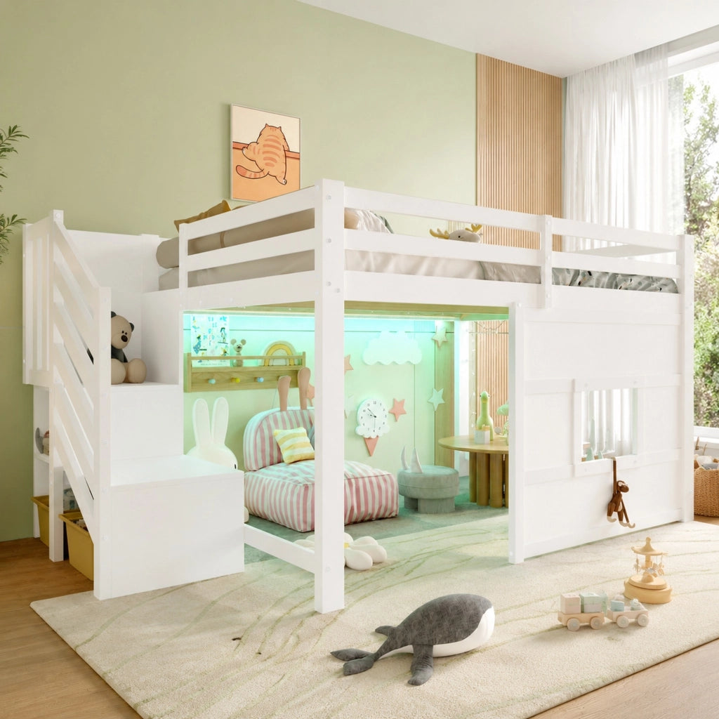 Letto a soppalco 140x200 cm con scala contenitore e LED, bianco
