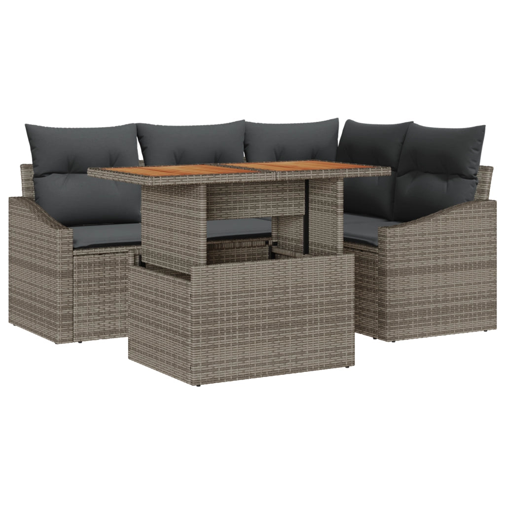 Set da Pranzo Giardino 5 Pezzi con Cuscini Grigi in Poly Rattan Acacia