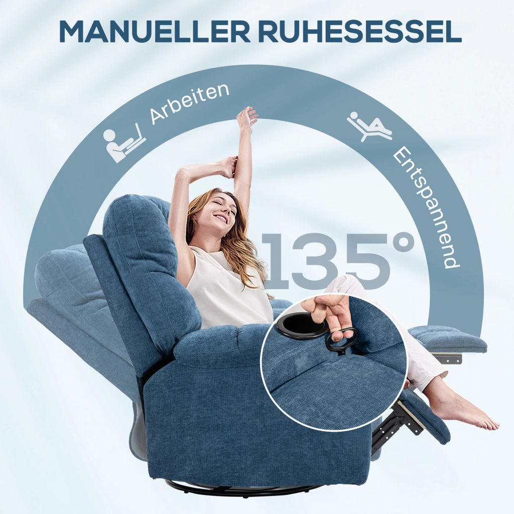 Poltrona relax reclinabile girevole a dondolo con poggiapiedi e portabicchieri, in poliestere blu