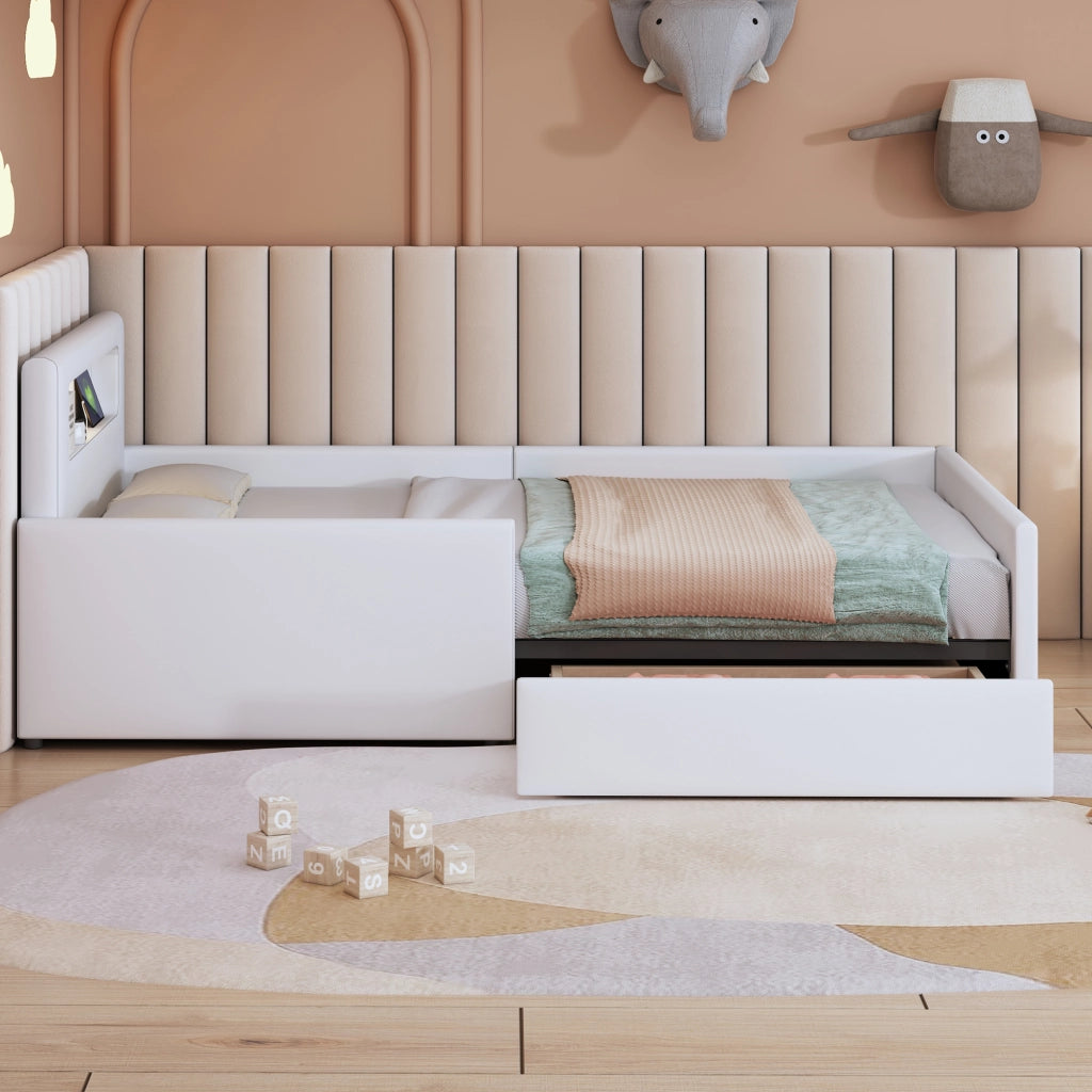 OKWISH Letto Bambini 90×200 cm, Letto Singolo con USB, Luce Notturna e Cassetto, senza Materasso, in Ecopelle, Bianco