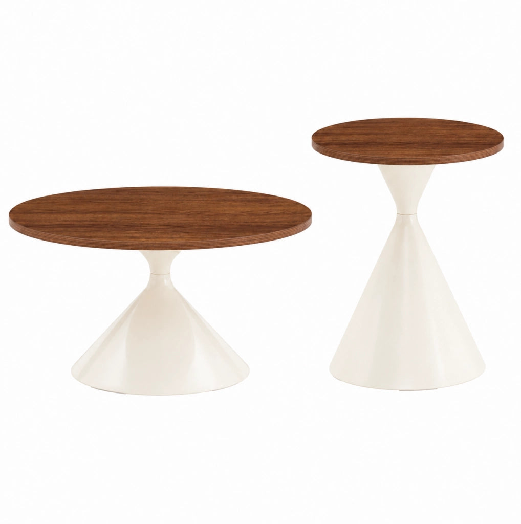 Set di 2 tavolini rotondi ?70x40 e ?50x50 cm in MDF effetto noce e metallo crema