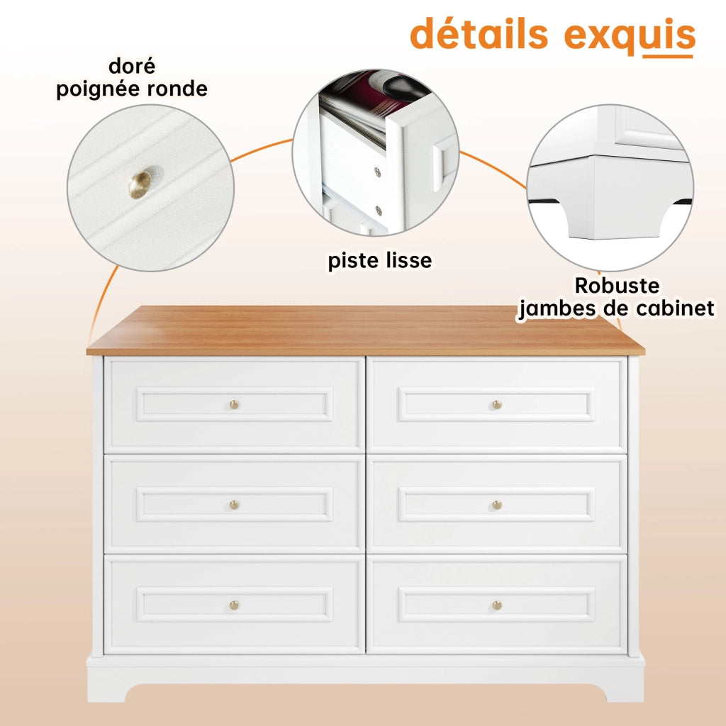 Credenza con 6 Cassetti; Motivo Fienile e Maniglie Dorate; Stile Country; in MDF; 120??40??76 cm; Bianco