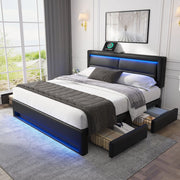 OKWISH Letto con Cassetti 140×200 cm, Letto Matrimoniale con USB, Ricarica Wireless, LED Regolabile e 4 Cassetti, senza Materasso, in PU, Nero
