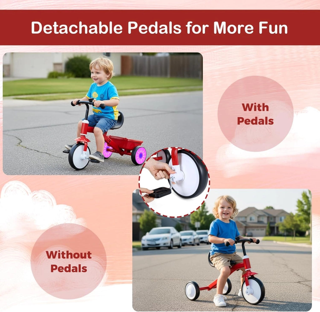 Triciclo Bambini 3-5 Anni, Triciclo Evolutivo con Ruote Luminose, Sedile Regolabile in 4 Posizioni, Pedali Rimovibili, Vano Portaoggetti Posteriore, Carico 25 KG, Regalo Bambino 3-5 Anni