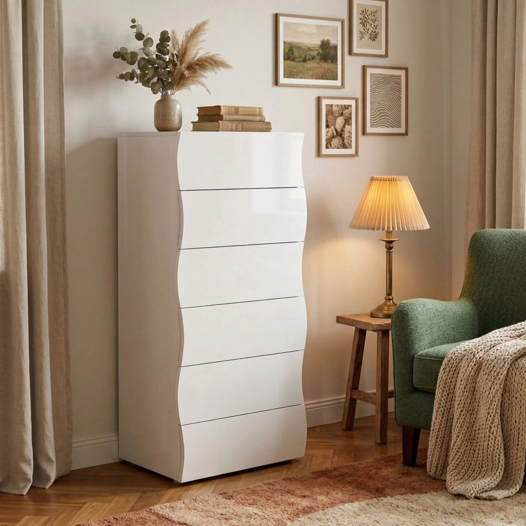 Cassettiera a 6 Asch, Made in Italy, Design moderno, Settimanale per camera da letto, cm 50x40h122, colore Bianco lucido