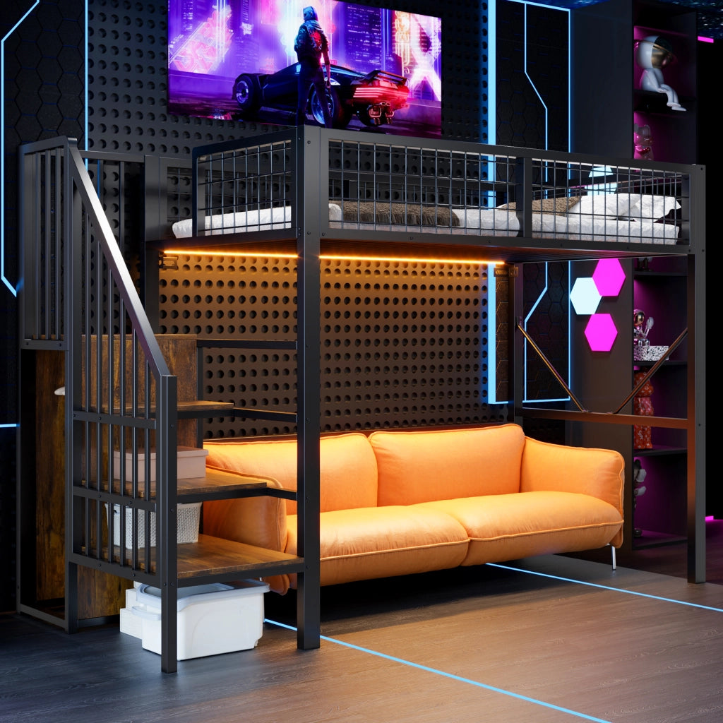 Letto a soppalco 90 × 200 cm 1 posto con scala contenitore, LED e barriera, senza materasso, nero