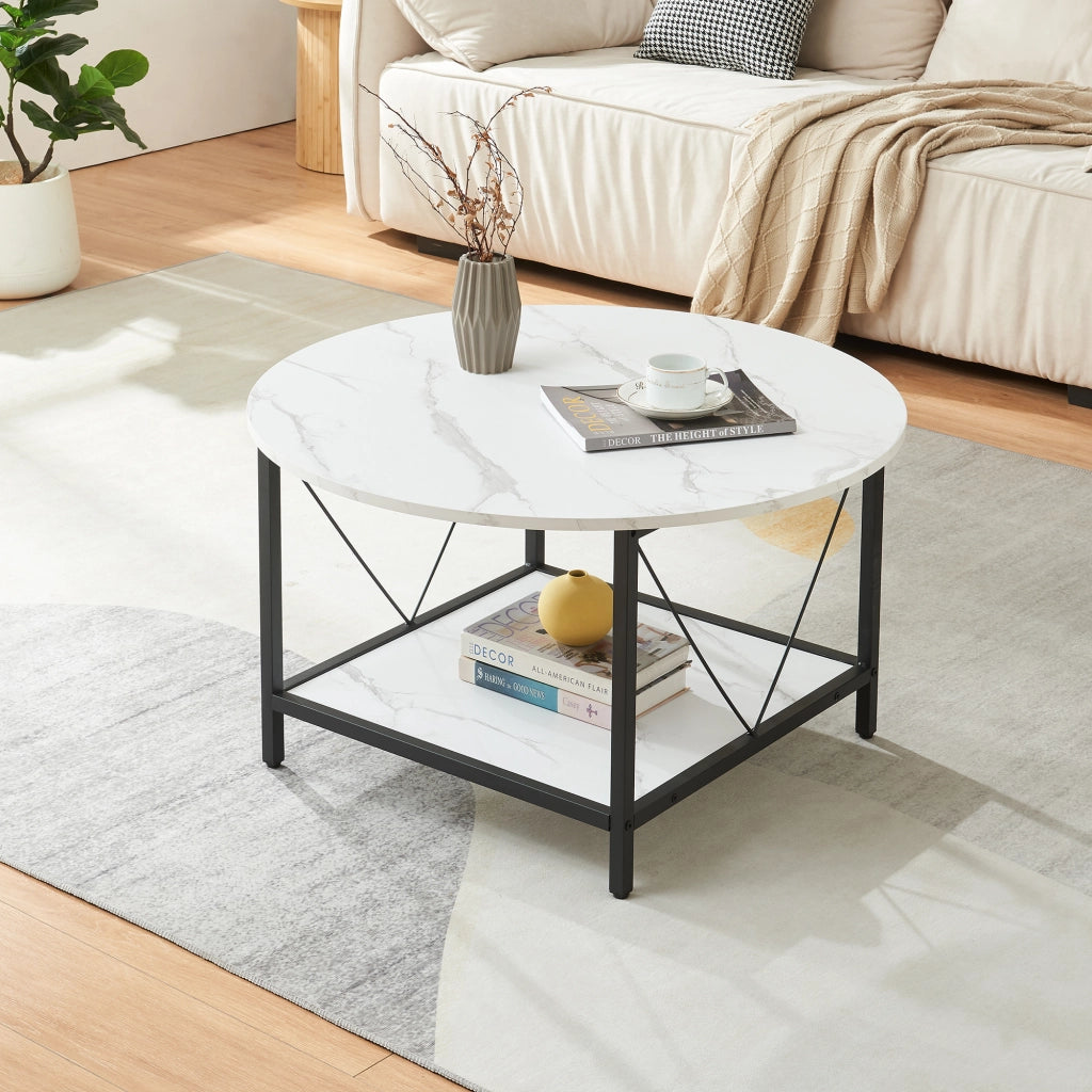 Tavolino da Caffè Filem con Piano Rotondo e Ripiano ØxA: 80 x 46 cm - Effetto Marmo Bianco [en.casa]