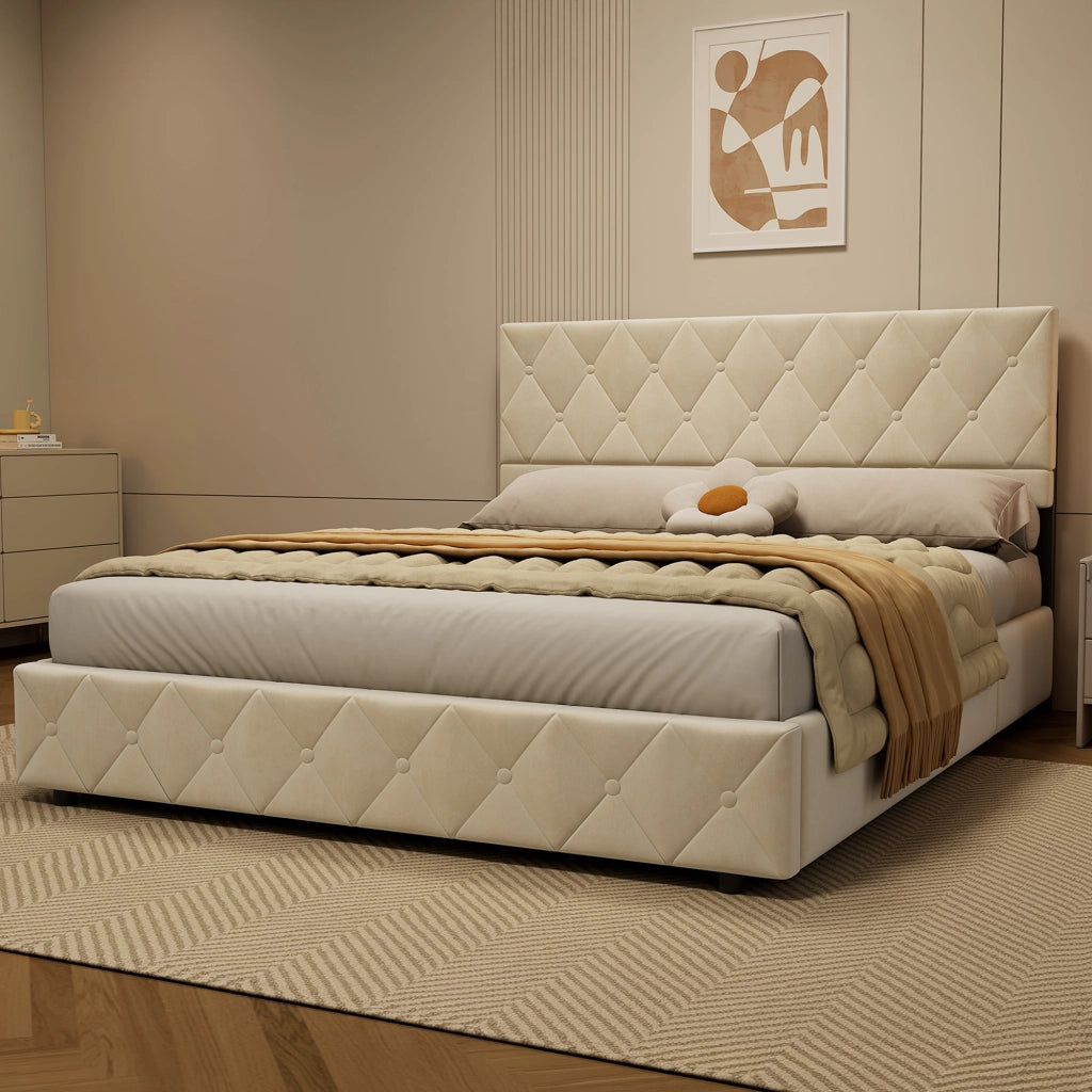 Letto imbottito beige 160x200 cm in velluto con struttura in MDF, compensato e metallo