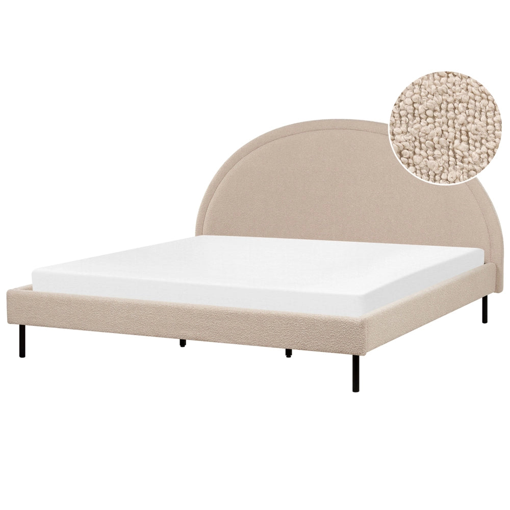 Letto matrimoniale in poliestere bouclè beige imbottito con base a doghe e testiera rotonda 180 x 200 cm minimalista retrò