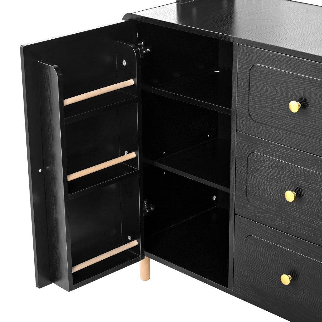 Credenza alta con pannello forato, 3 cassetti e ripiani regolabili, per cucina, in MDF nero, 120 × 40 × 190 cm