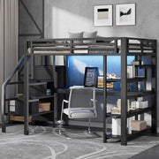 Letto a soppalco 140 × 200 cm con scrivania, armadio aperto, scale contenitore e LED regolabile, senza materasso, in metallo e MDF, nero