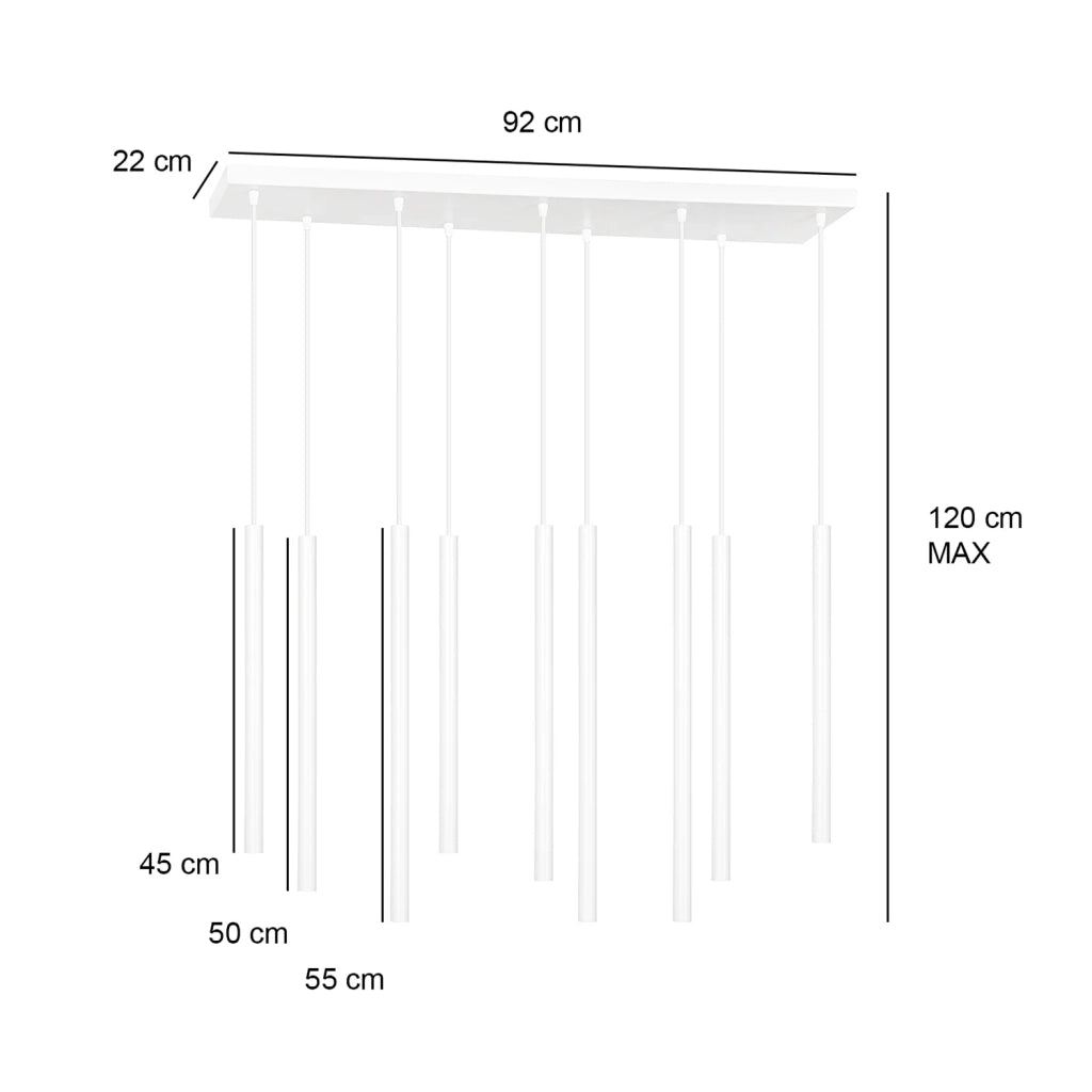 Lampadario 9 Luci Moderno Shu Acciaio Bianco E Paralumi A Cilindri Sottili