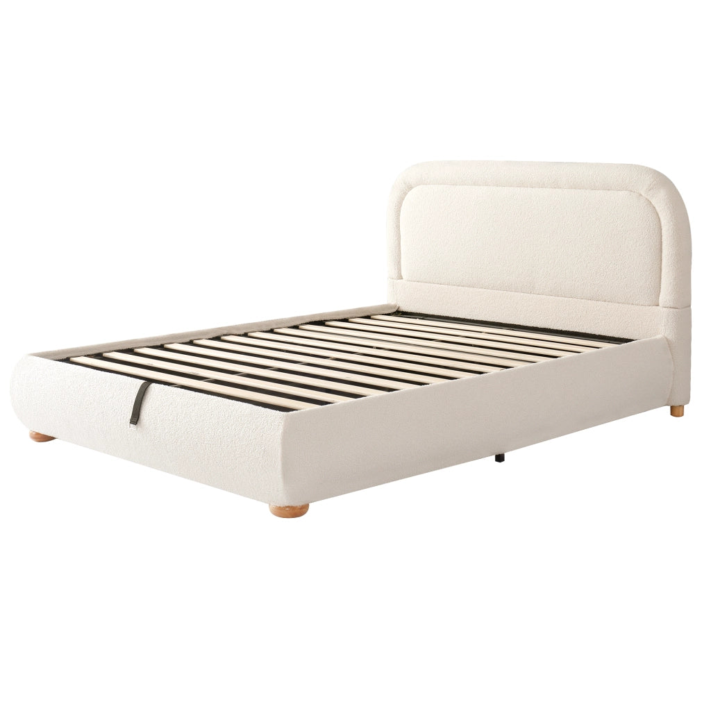 Letto matrimoniale 140 x 190 cm con contenitore idraulico, testiera imbottita e tessuto bouclé beige