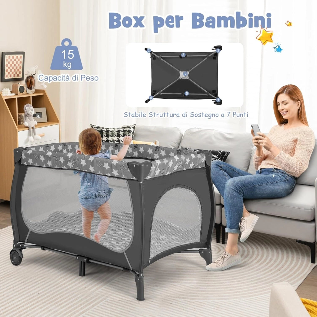 5 in 1 Lettino da Campeggio con Materasso, Lettino Neonato da Viaggio Pieghevole, Box Bambini Portatile con Borsa, Zanzariera, per Bambini 0-36 Mesi (Stella Grigia)