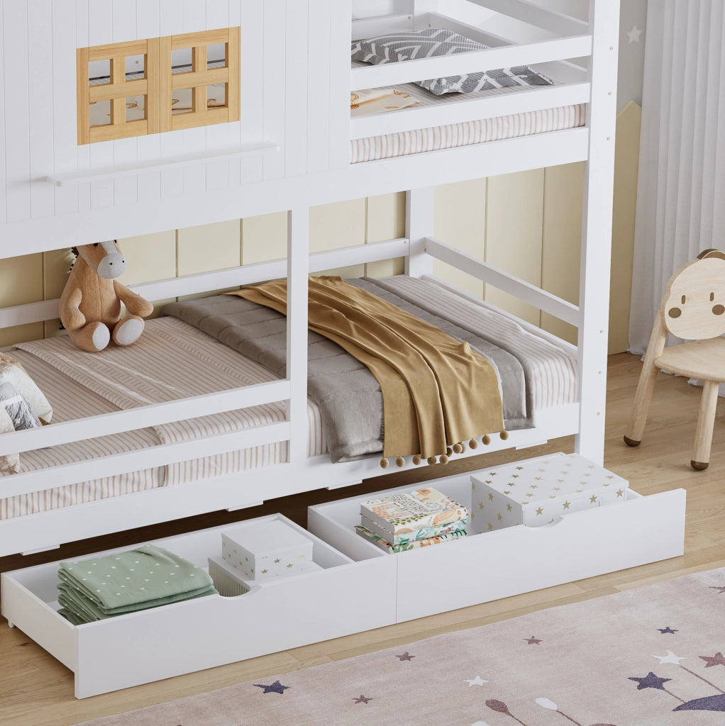Letto a castello per bambini con finestre, tetto e due cassetti, 90 x 200 cm