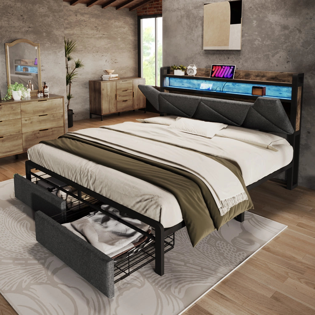 LETTO matrimoniale 160x200 cm grigio in lino con testiera contenitore e 2 cassetti