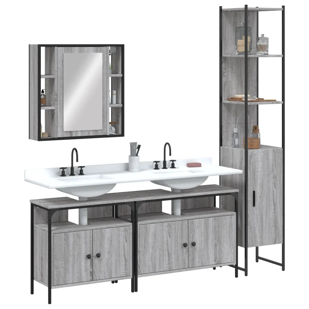 Set Mobili da Bagno | Armadio da bagno 4 pz Grigio Sonoma in Legno Multistrato
